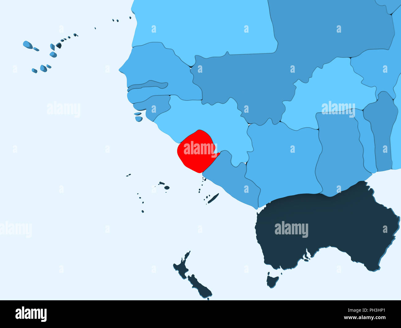 Sierra Leone in red on blue political map with transparent oceans. 3D ...