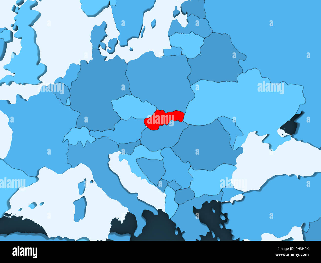 Slovakia in red on blue political map with transparent oceans. 3D ...