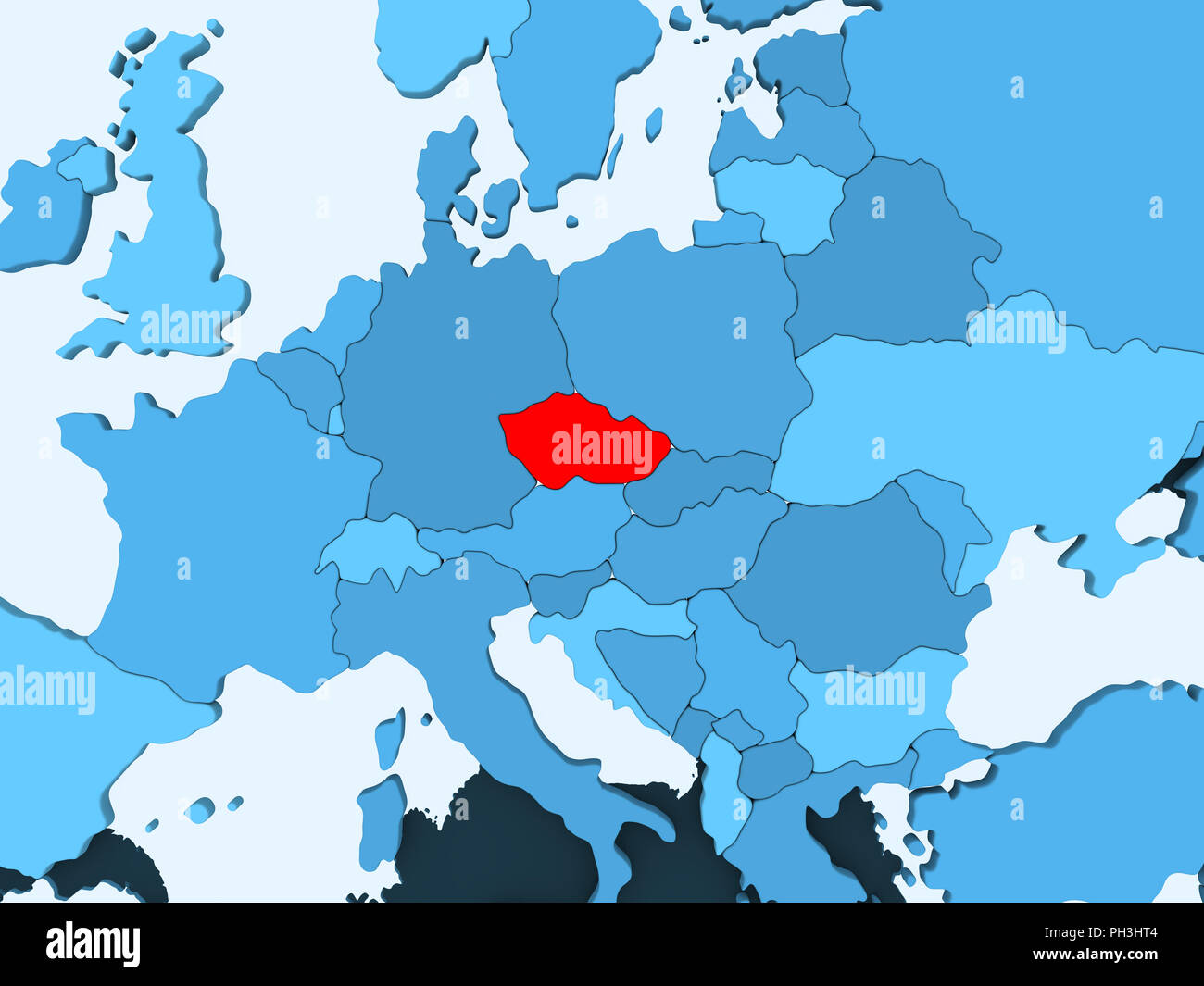 Czech republic in red on blue political map with transparent oceans. 3D ...