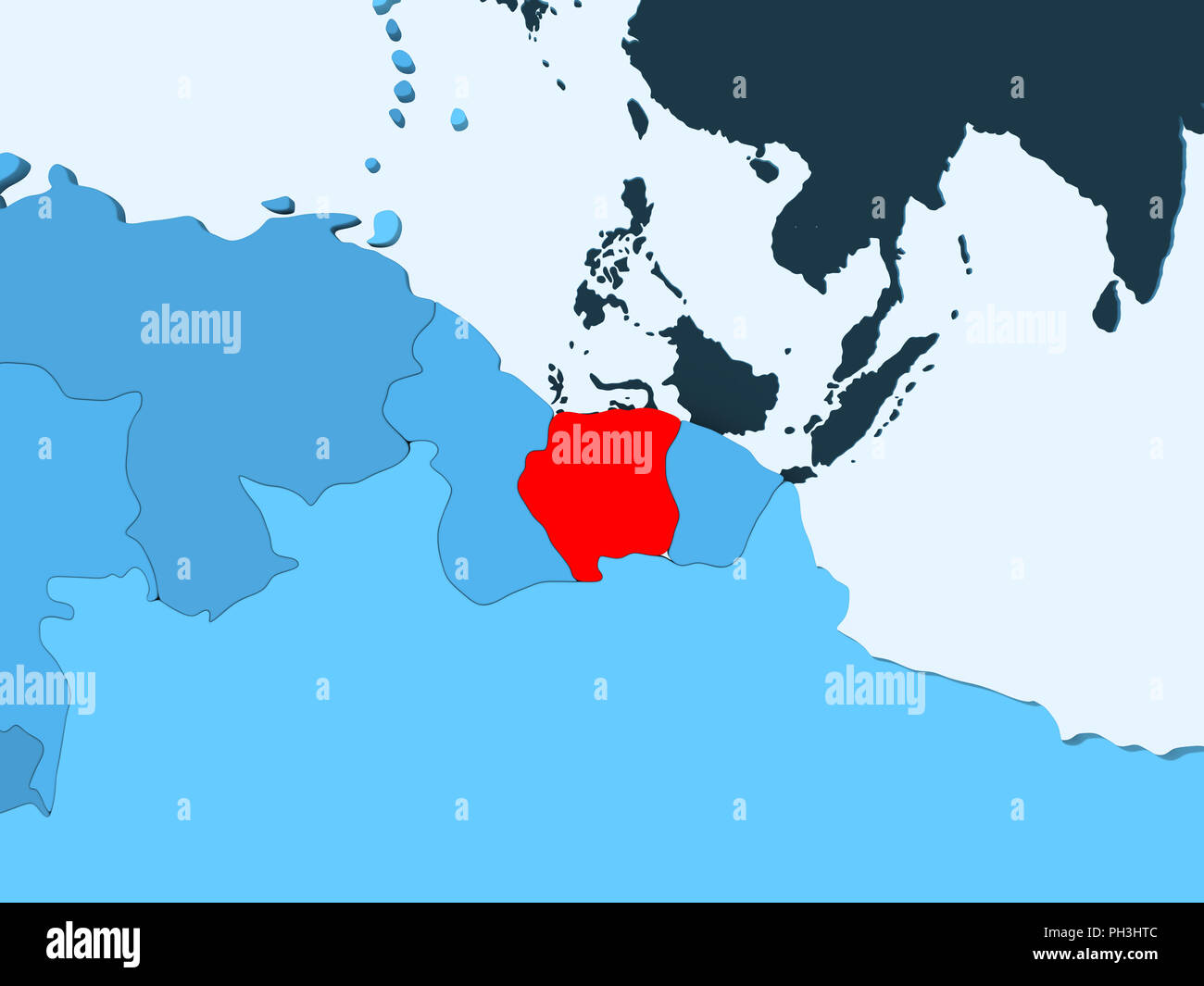 Suriname in red on blue political map with transparent oceans. 3D ...