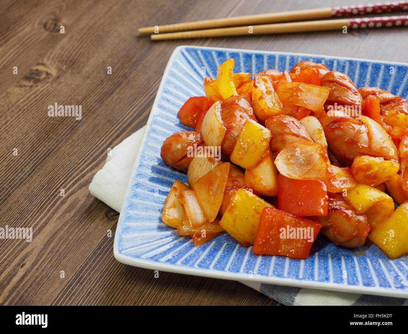 Korean food Sausage vegetables ketchup fried, Sausage stirfried