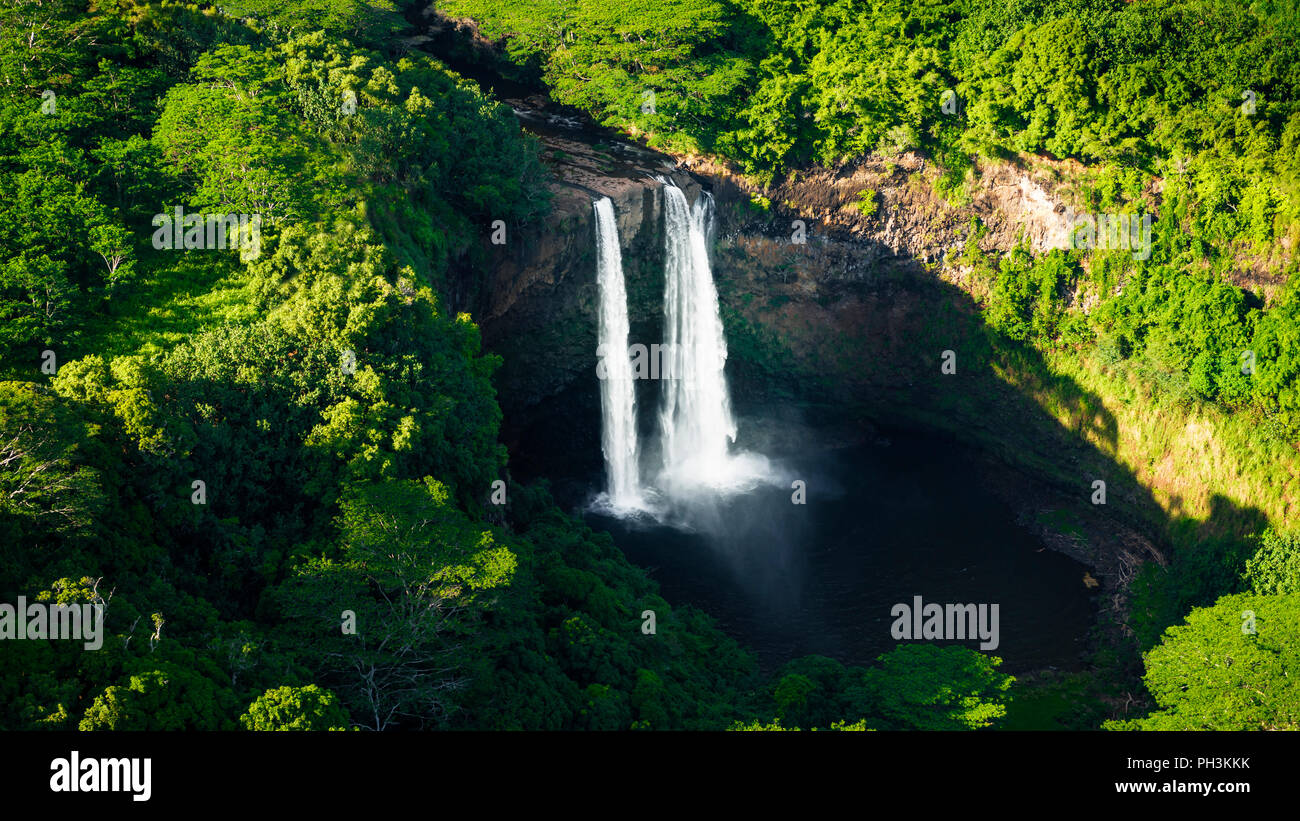 Wailua Falls (aerial), Wailua River State Park, Kauai, Hawaii USA Stock
