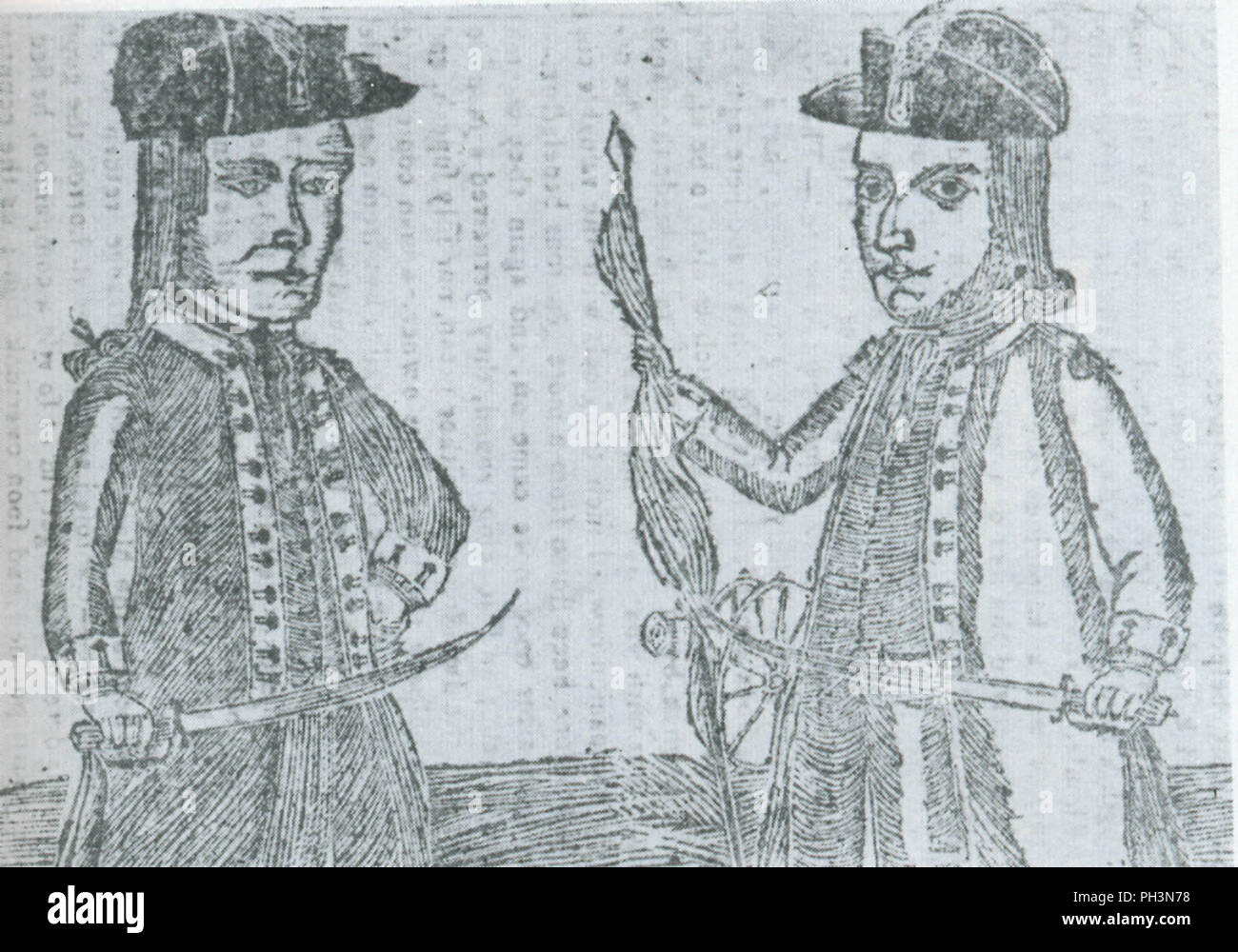 Contemporary engraving depicting Daniel Shays (left) and Job Shattuck, another rebel leader; the artist intentionally rendered them in an unflattering way Stock Photo