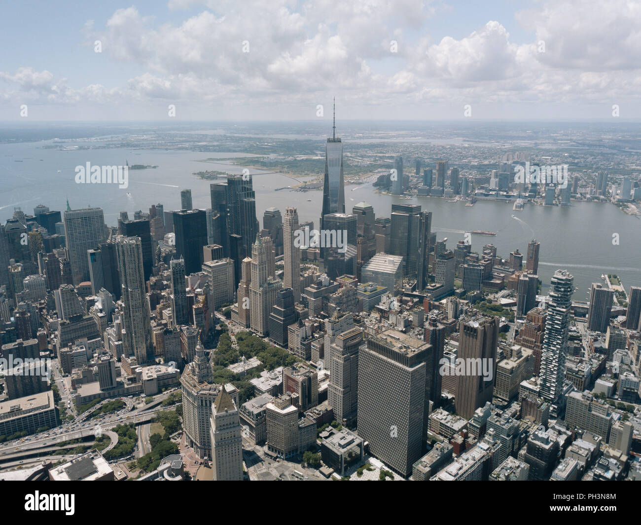 Drone Aerial Shot World Trade Center City View Beautiful NYC New York Stock Photo