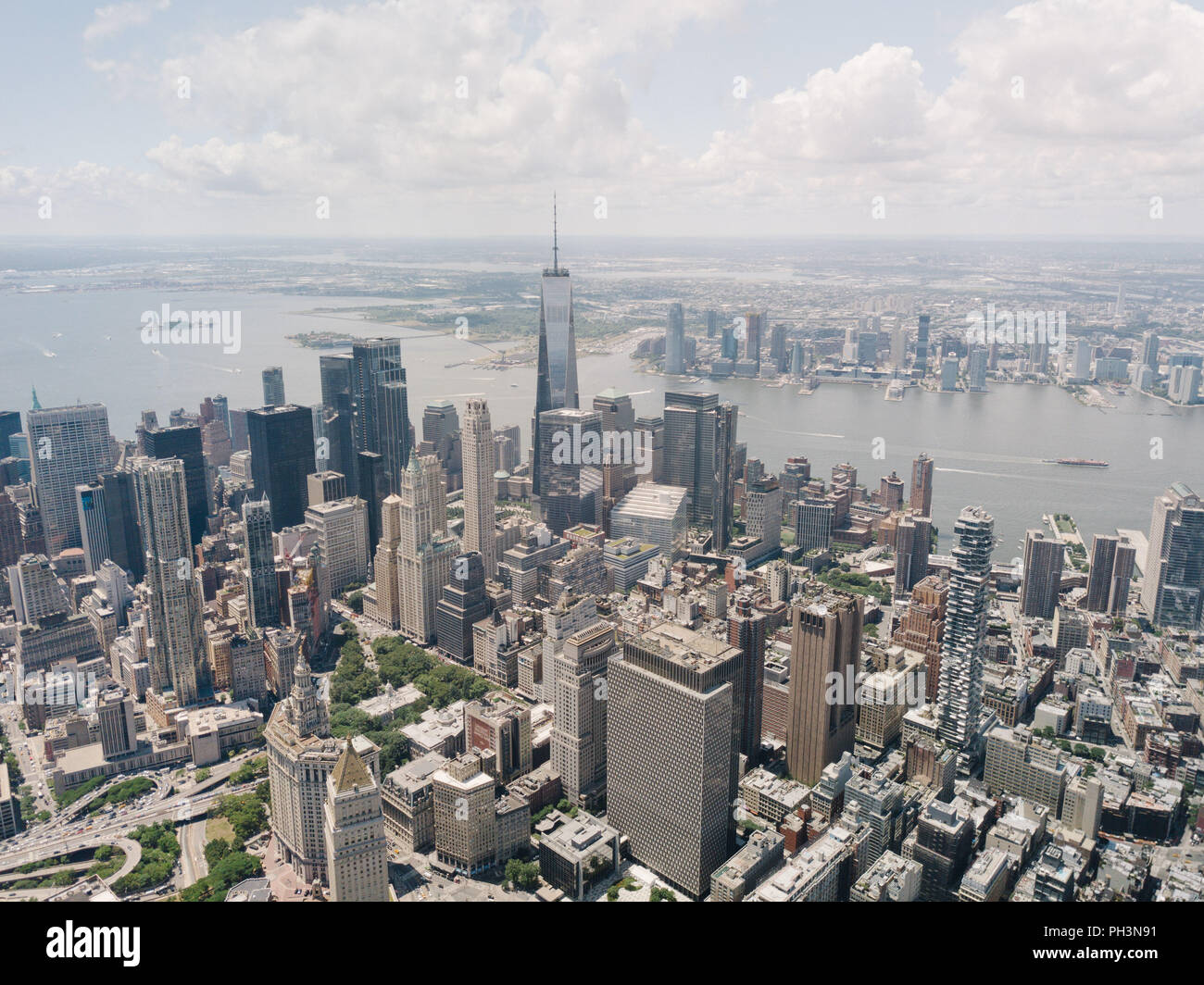 Drone Aerial Shot World Trade Center City View Beautiful NYC New York Stock Photo