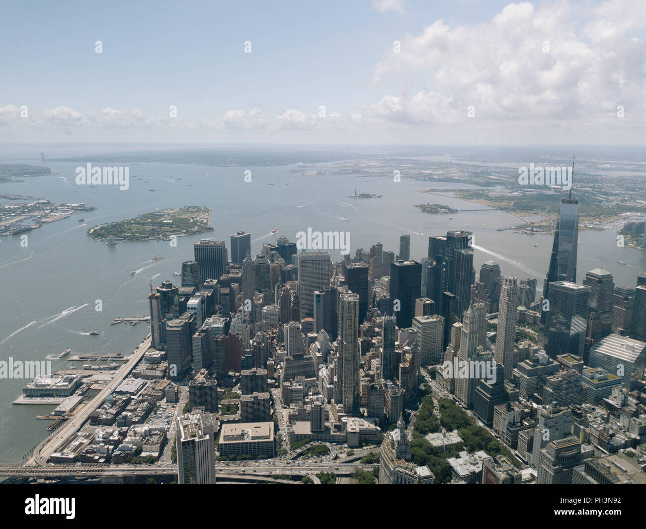 Drone Aerial Shot World Trade Center City View Beautiful NYC New York Stock Photo