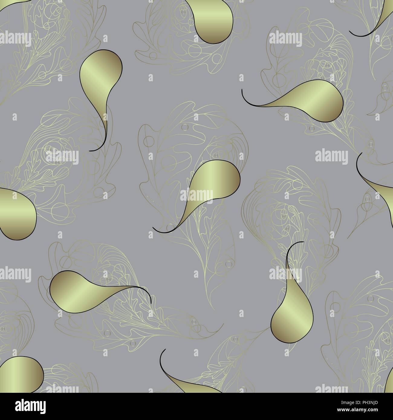 Hand drawn abstract gold paisley vector seamless pattern for surface design, textile, wallpaper, wrapping paper, fabric. Stock Vector