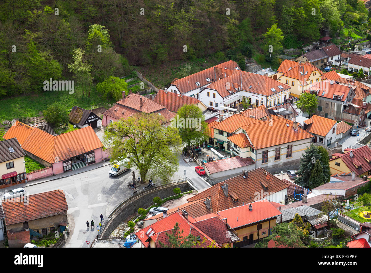 Karlstejn, Czech Republic - May 3, 2017: Karlstejn village bird eye view. It is a market town in the Central Bohemian Region of the Czech Republic Stock Photo