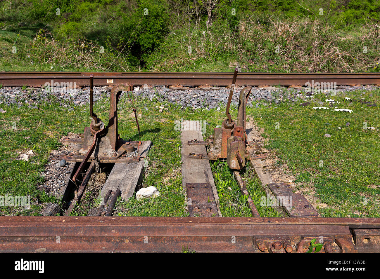 Old rail road joints that are not in use any longer, in Georgia Stock Photo