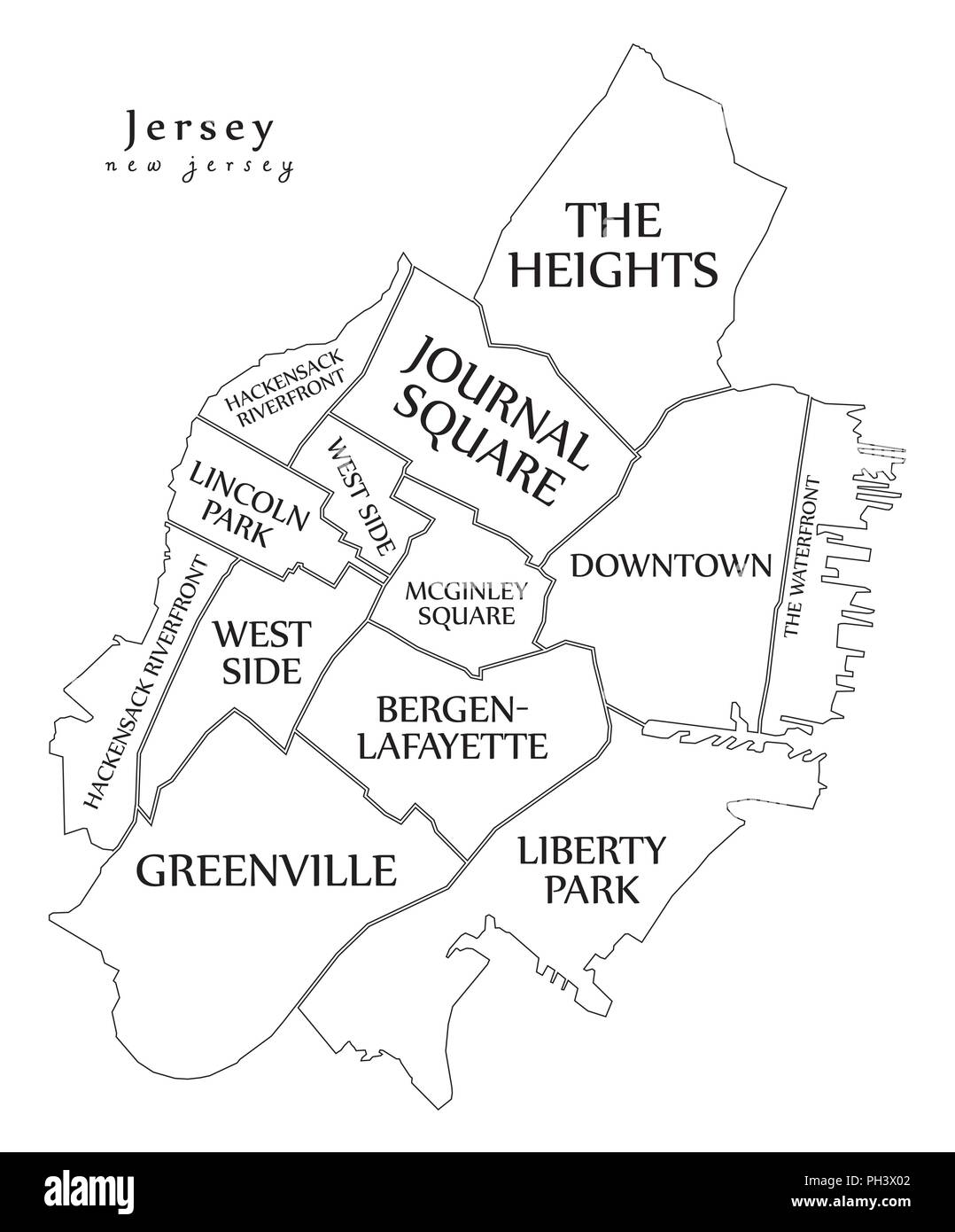 Modern City Map - Jersey New Jersey city of the USA with neighborhoods and  titles outline map Stock Vector Image & Art - Alamy