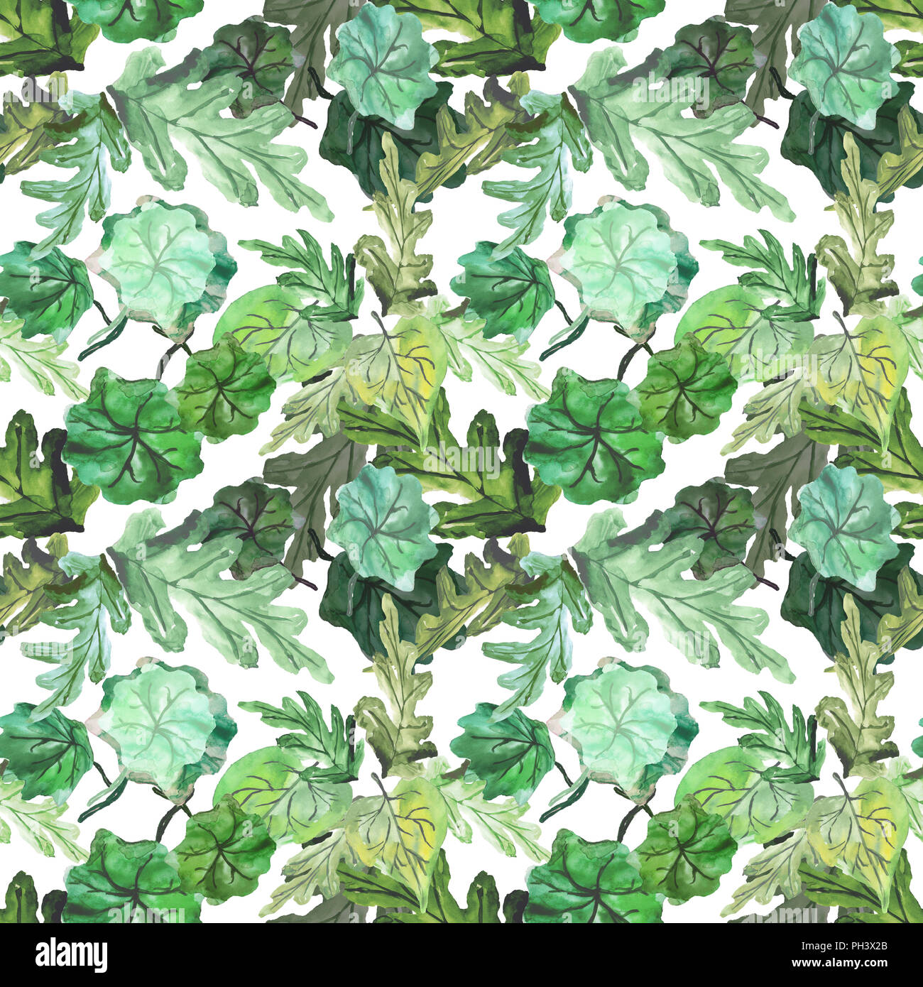 watercolor seamless pattern with green leaves on a white background ...