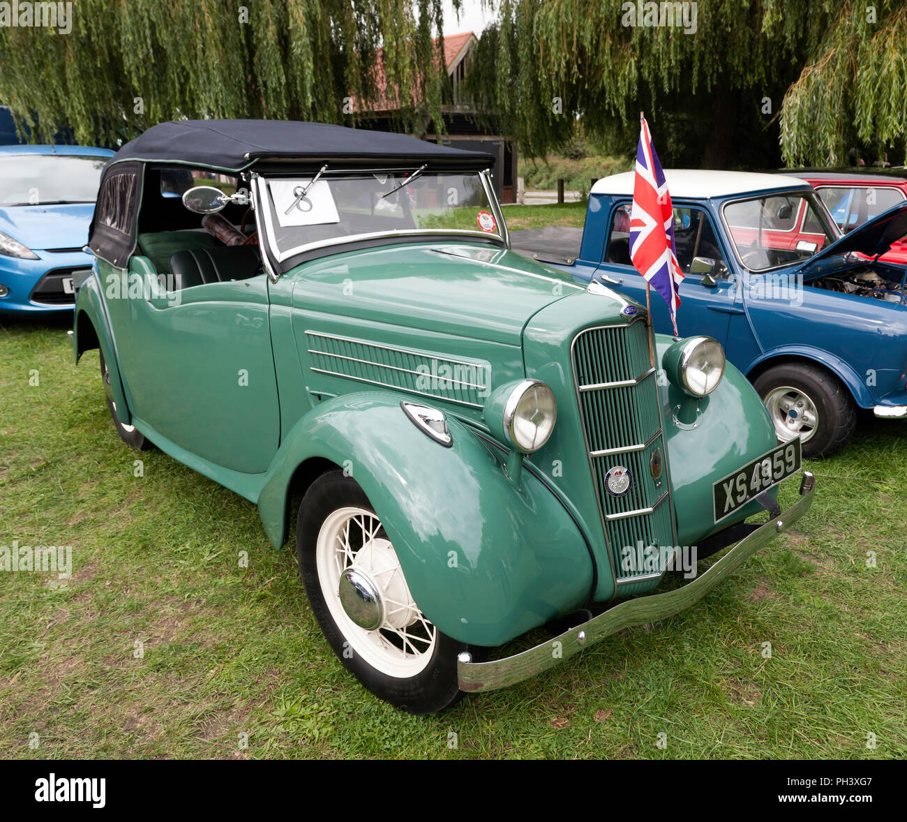 A rare,1937 Ford CX four-seat tourer on display at the Quay, during the 2018 Sandwich Festival Stock Photo