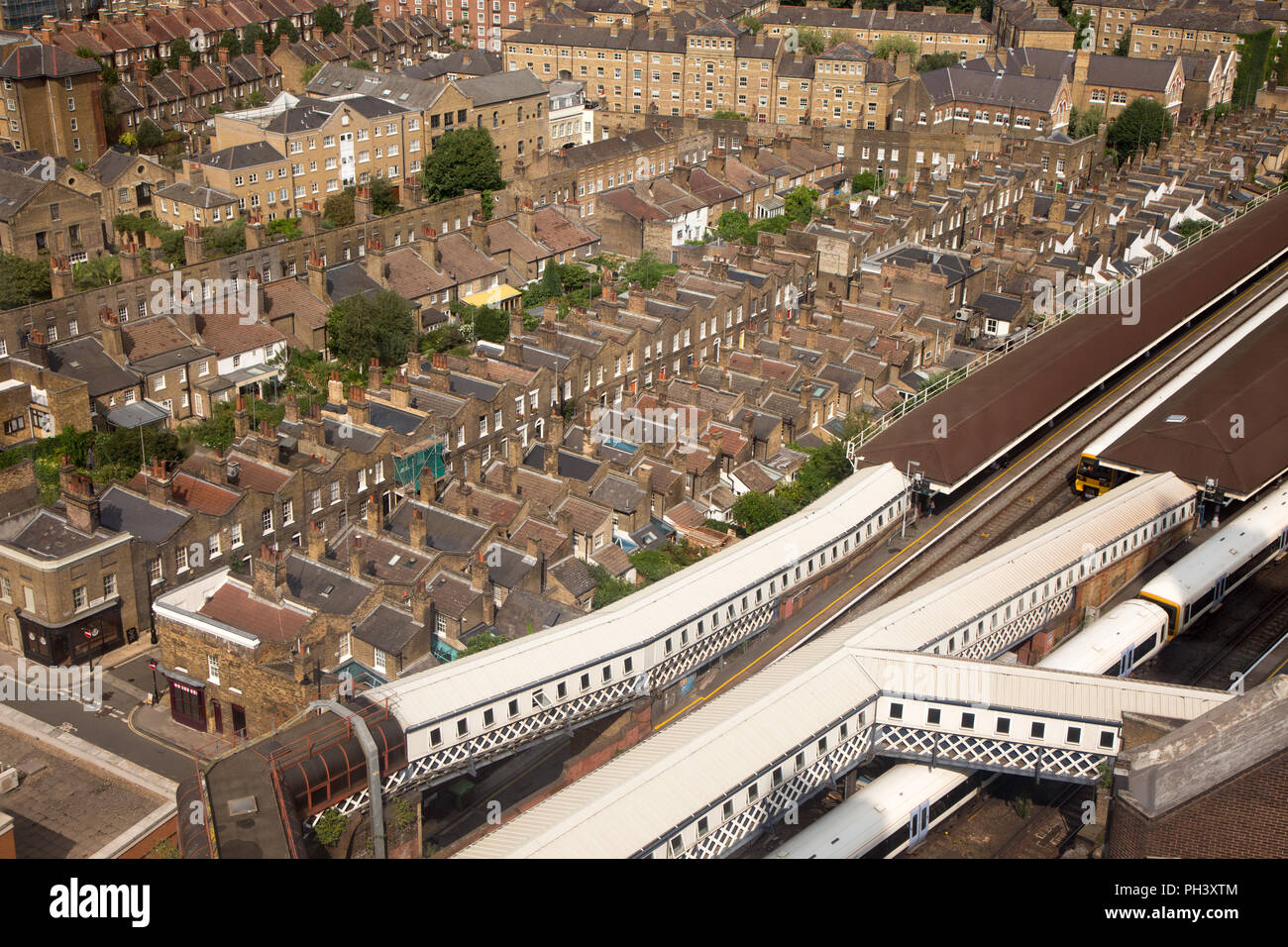 Rows of densely populated housing in Waterloo, Central London. Waterloo Station is in the foreground. Stock Photo