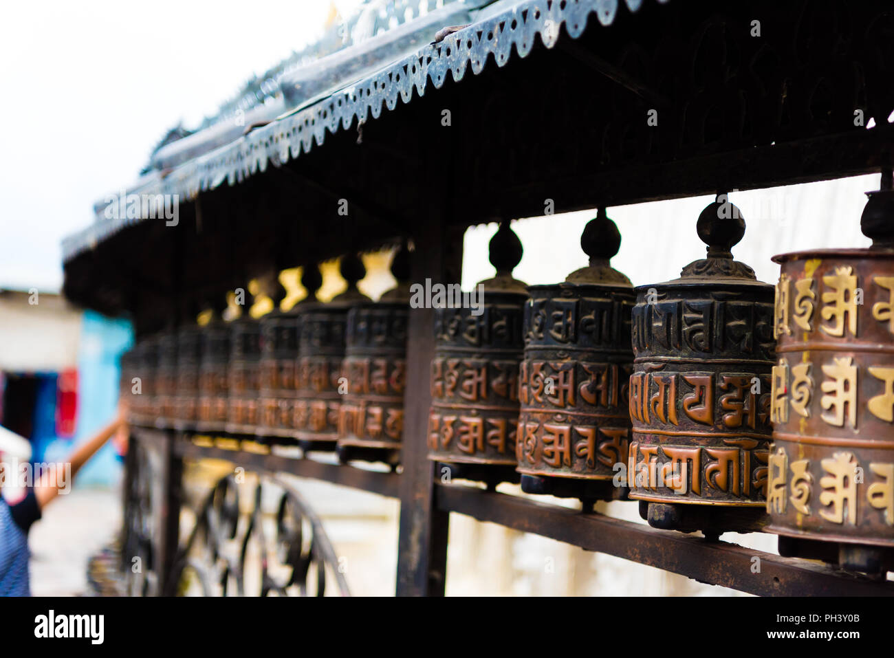 Kathmandu, Nepal - July 15, 2018 : Prayer wheels at Monkey temple ...