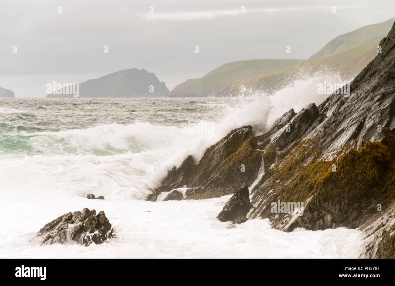 Blasket Islands from Dunmore beach with Atlantic swell Stock Photo