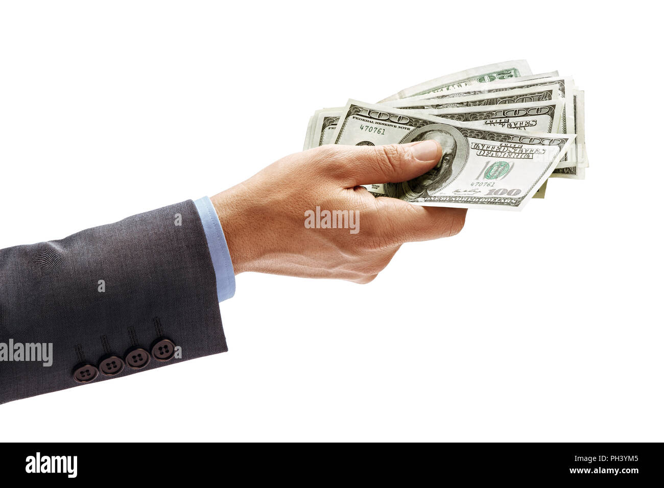 Man's hand in suit giving cash money isolated on white background. High resolution product. Close up Stock Photo