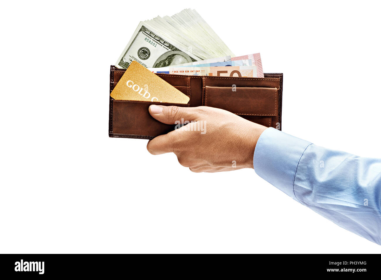 Premium Photo  Close up male hands holding the wallet or purse with money  on isolated white background