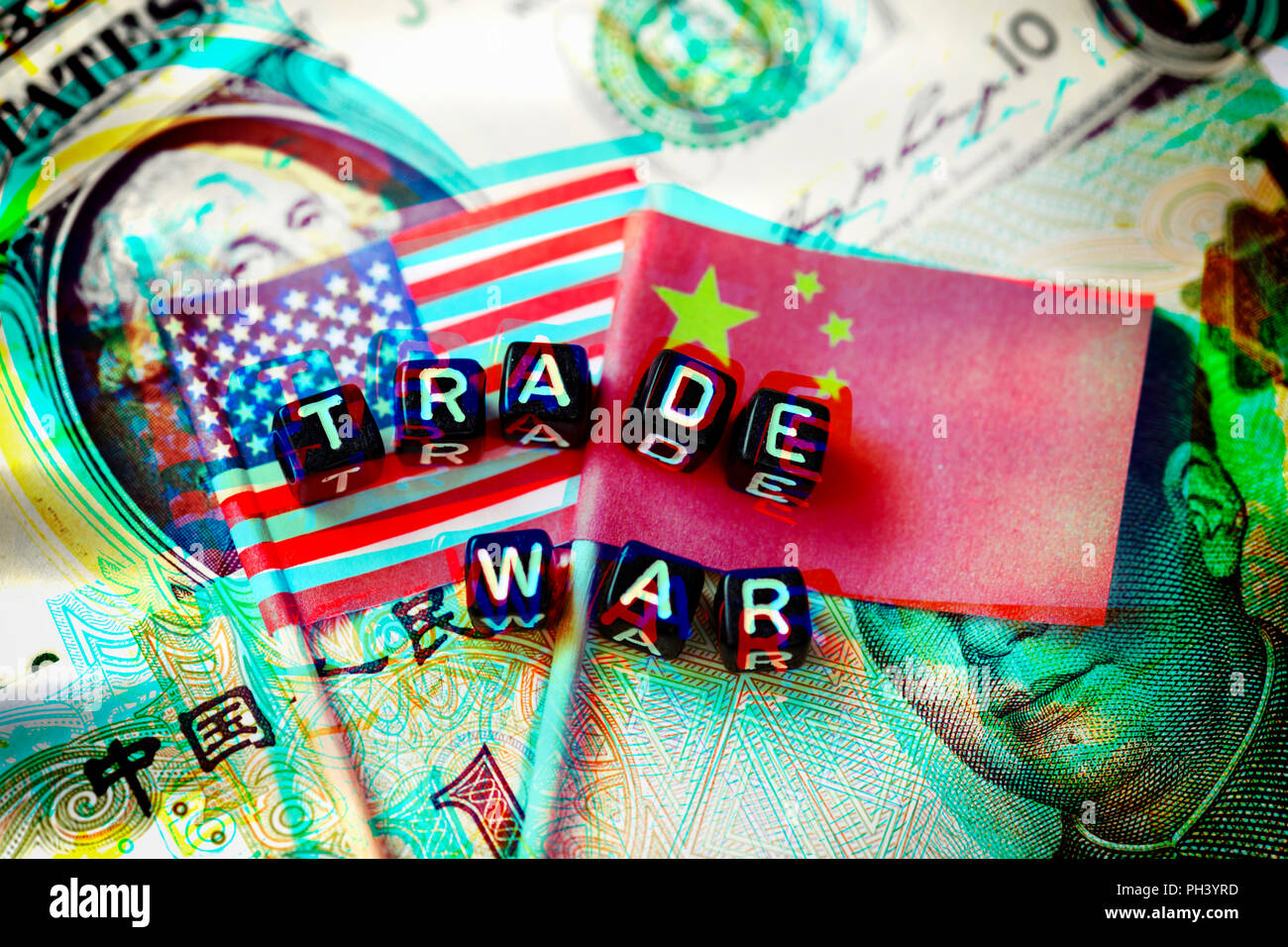 Flags of the USA and China on banknotes, trade war Stock Photo