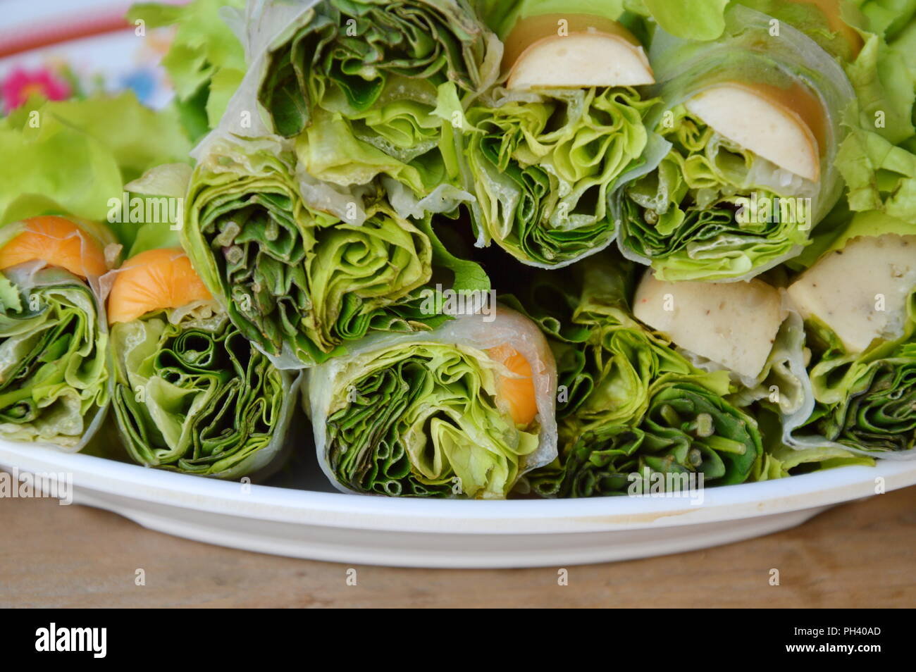 Thai fresh spring roll on dish Stock Photo