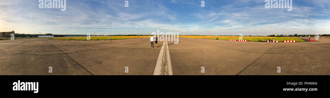 Panoramic view of the Tempelhofer Feld former airfield in Berlin, Germany in summer 2018. Stock Photo