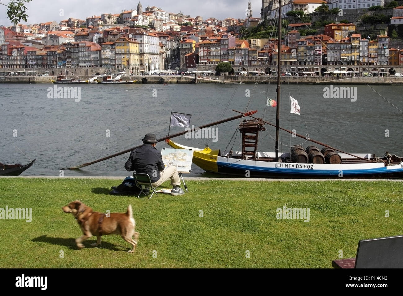 Porto, Portugal - May 26, 2012: Ribeira do Porto as seen from the opposite bank of the Douro River, the twin city of Vila Nova de Gaia, seeing in the  Stock Photo