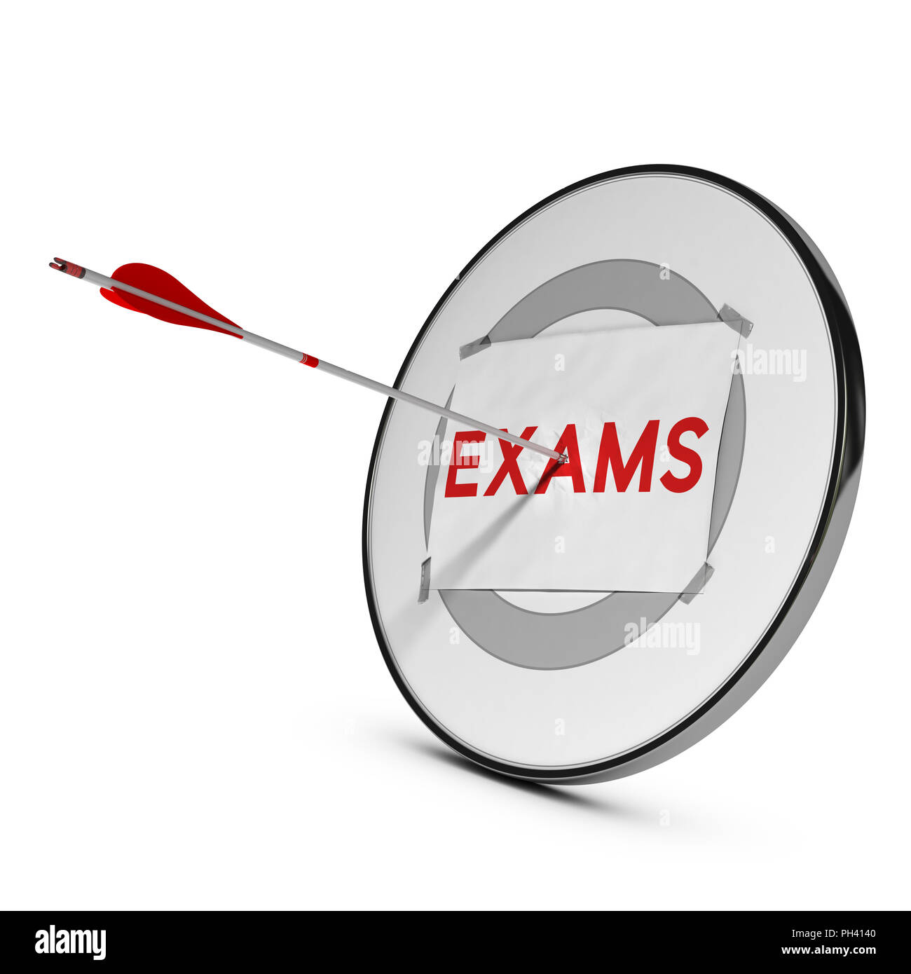 3d illustration of a target and one arrow reaching the center of the word exams over white background. Concept examinations success. Stock Photo