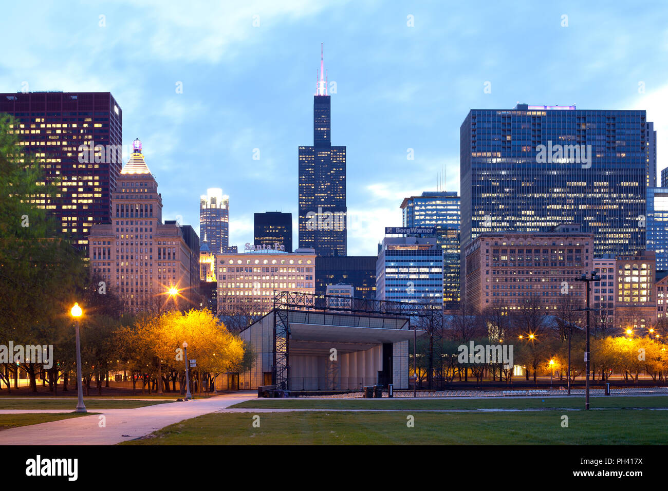 Skyline of buildings at The Loop with Willis Tower in Chicago. Stock Photo