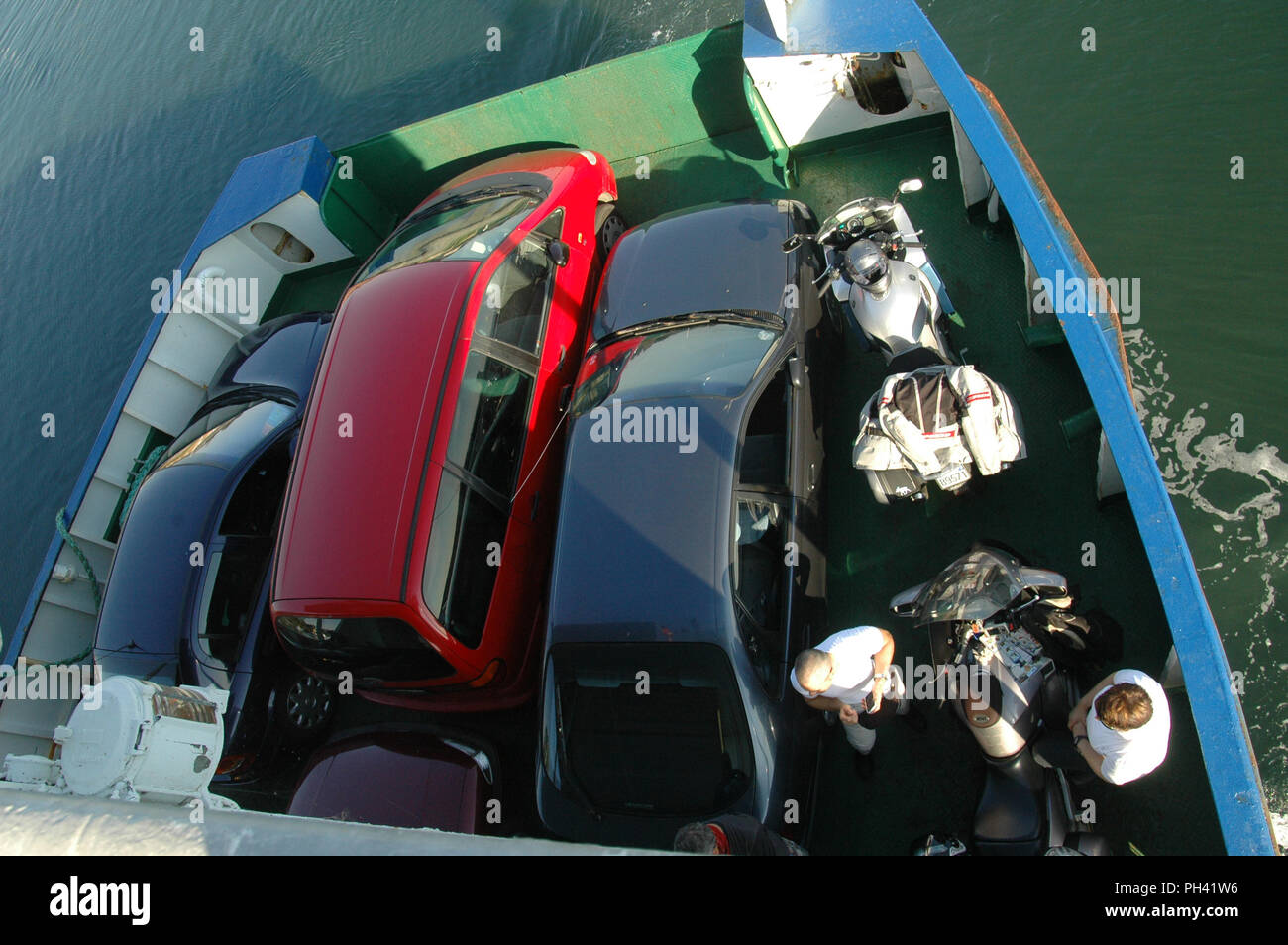 Ferry Oen, Denmark - August 6, 2009: View at the car deck from above Stock Photo