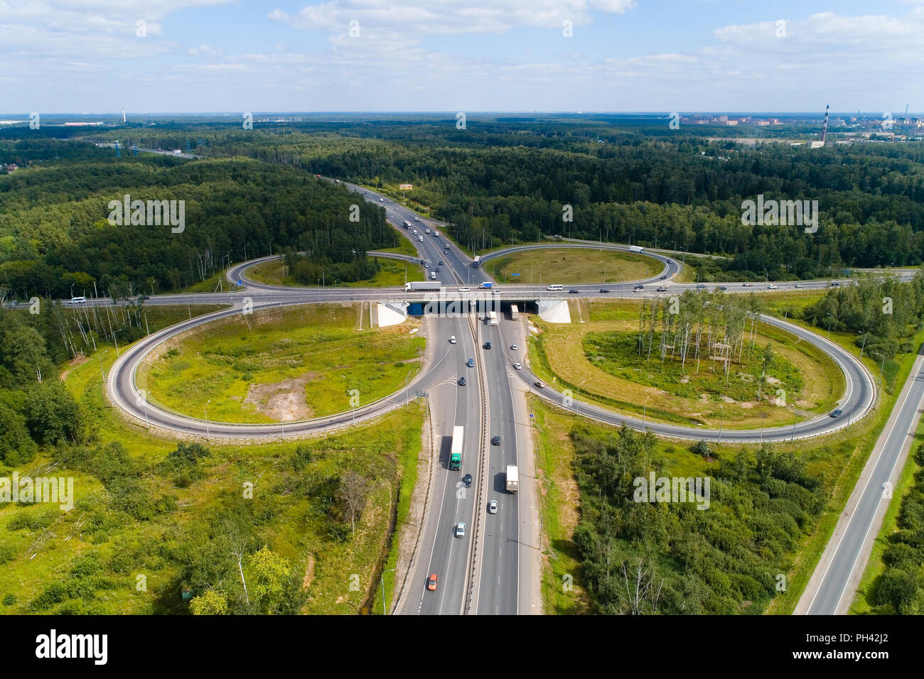 Road junction in the Moscow region near the city of Elektrostal. Aerial photography. Stock Photo