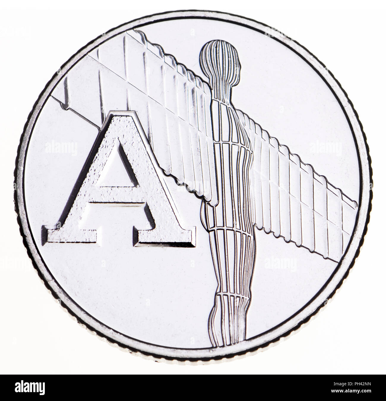 British 10p coin (reverse) from 2018 'Alphabet' series, celebrating Britishness. A - Angel of the North (Anthony Gormley statue) Stock Photo