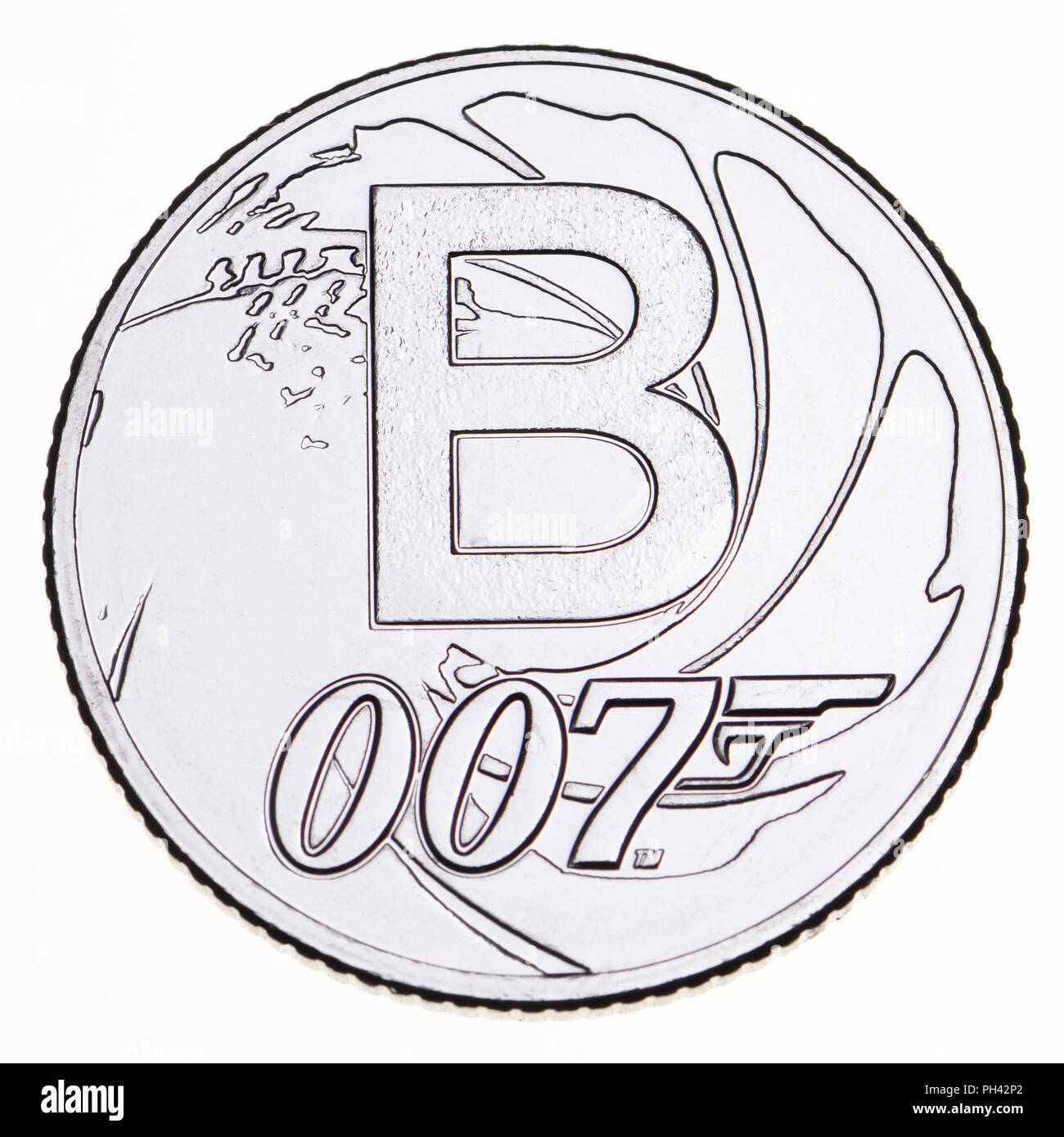 British 10p coin (reverse) from 2018 'Alphabet' series, celebrating Britishness. b - James Bond Stock Photo