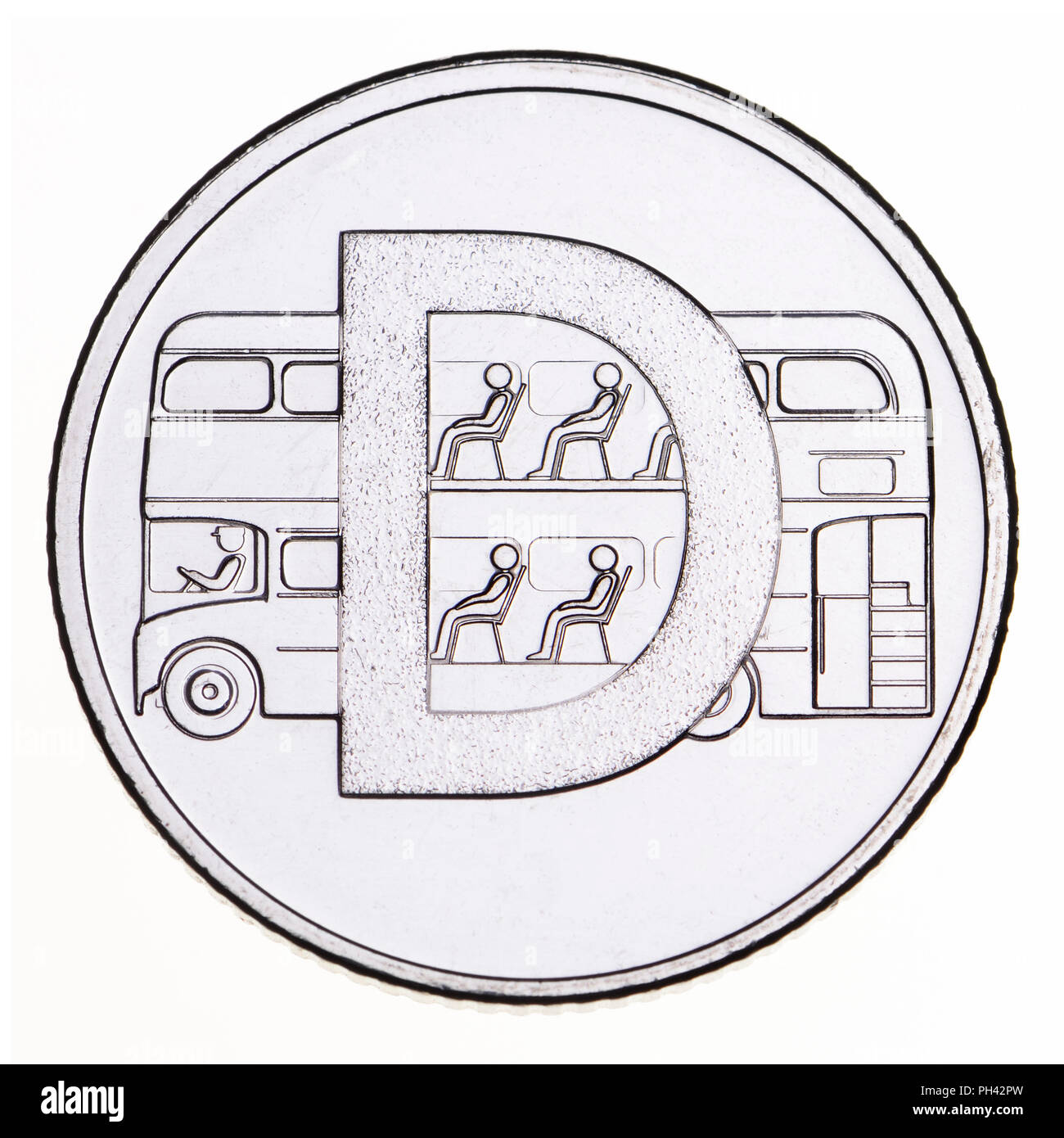 British 10p coin (reverse) from 2018 'Alphabet' series, celebrating Britishness. D - double decker bus Stock Photo