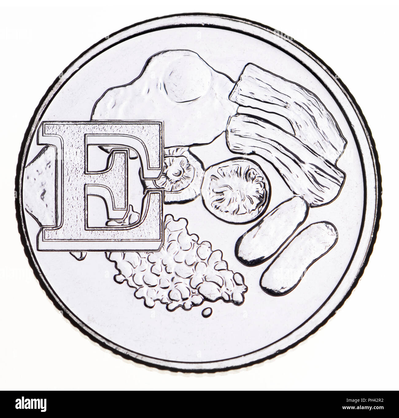 British 10p coin (reverse) from 2018 'Alphabet' series, celebrating Britishness. E - English breakfast Stock Photo