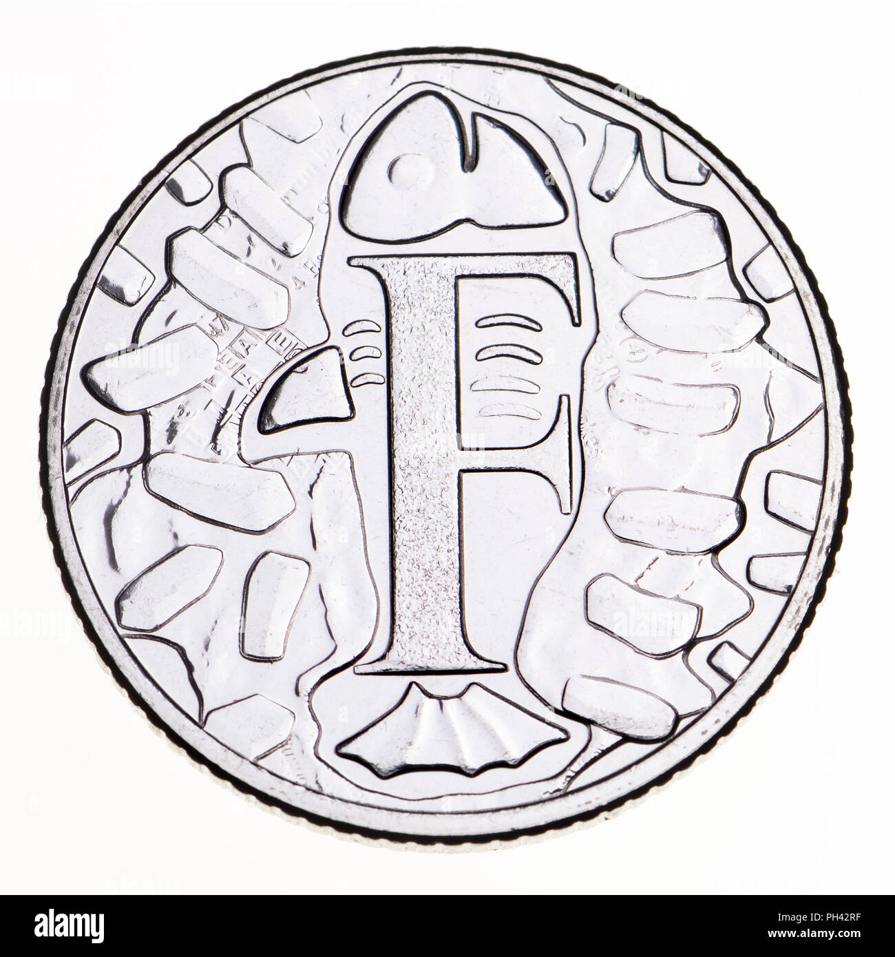 British 10p coin (reverse) from 2018 'Alphabet' series, celebrating Britishness. F - fish and chips Stock Photo