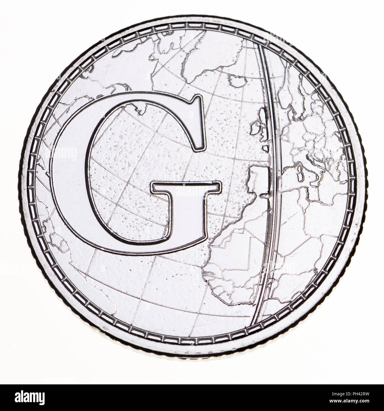 British 10p coin (reverse) from 2018 'Alphabet' series, celebrating Britishness. G - Greenwich Mean Time Stock Photo