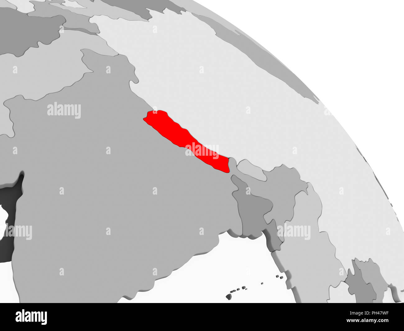 3D render of Nepal in red on grey political globe with transparent ...