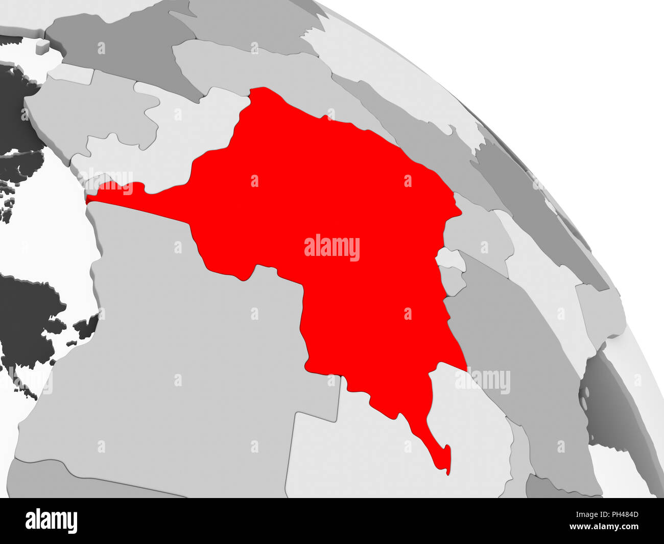 3D render of Democratic Republic of Congo in red on grey political ...