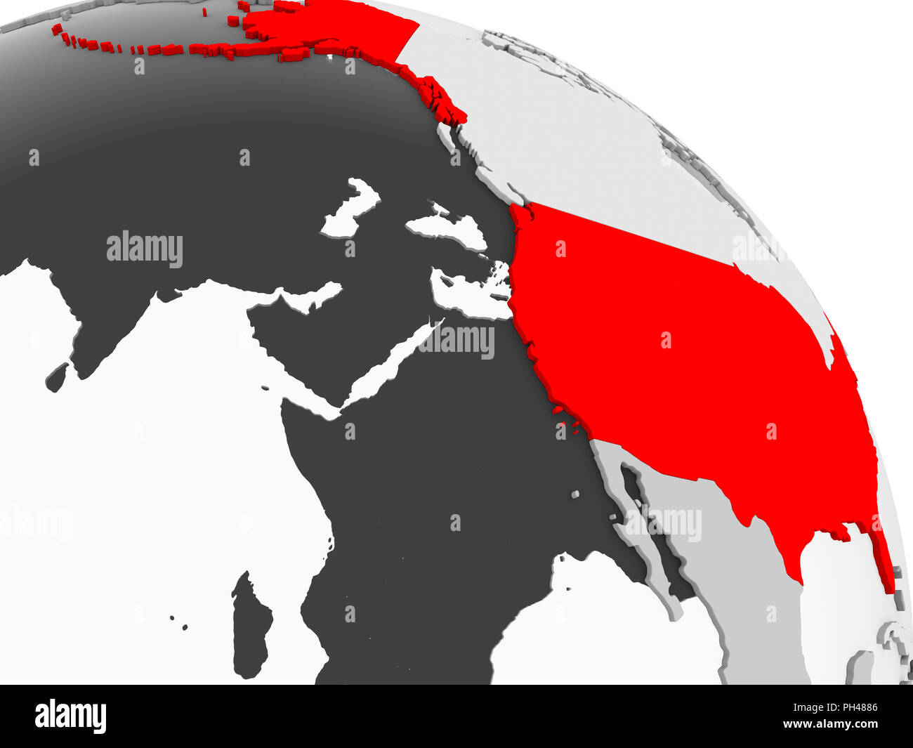 3D render of USA in red on grey political globe with transparent oceans ...