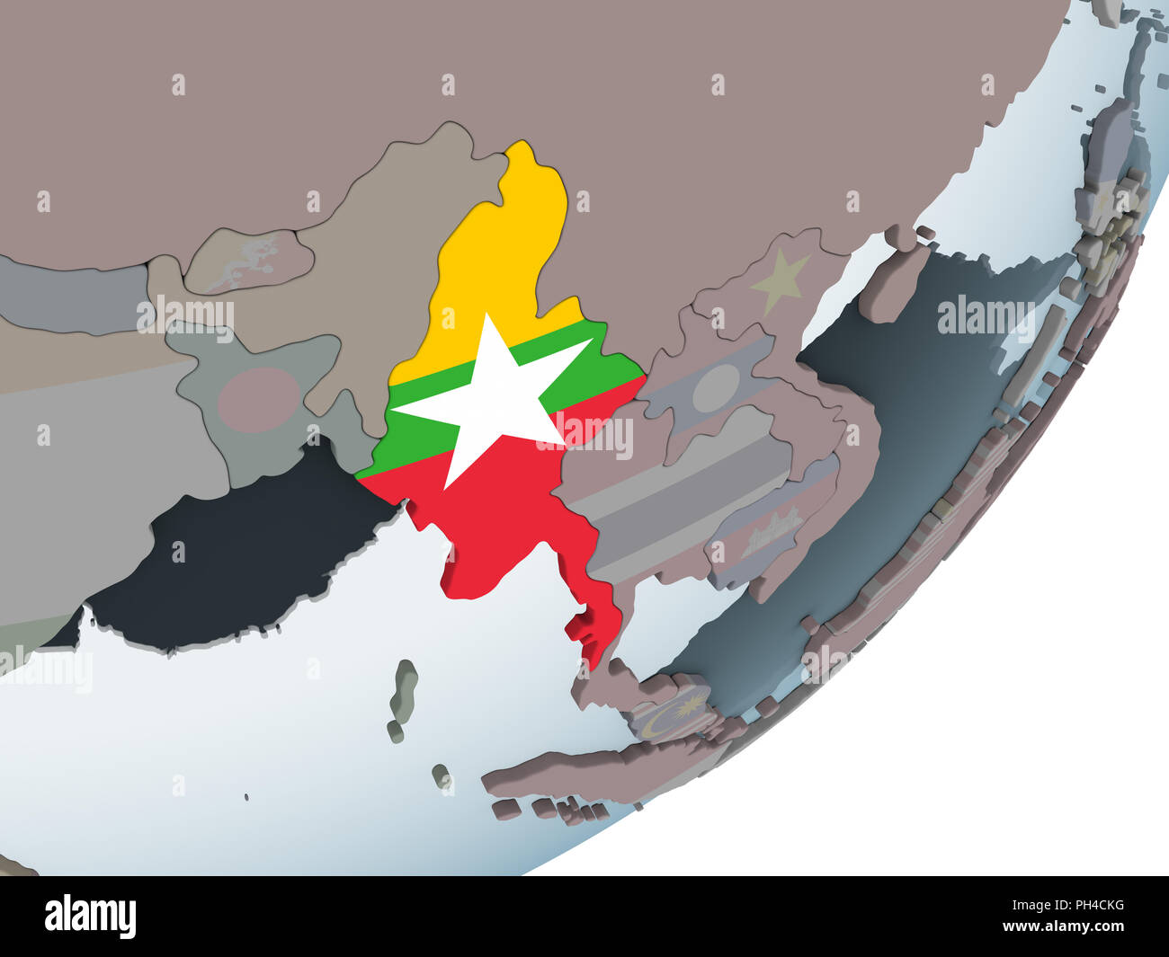 Myanmar on political globe with embedded flag. 3D illustration Stock ...