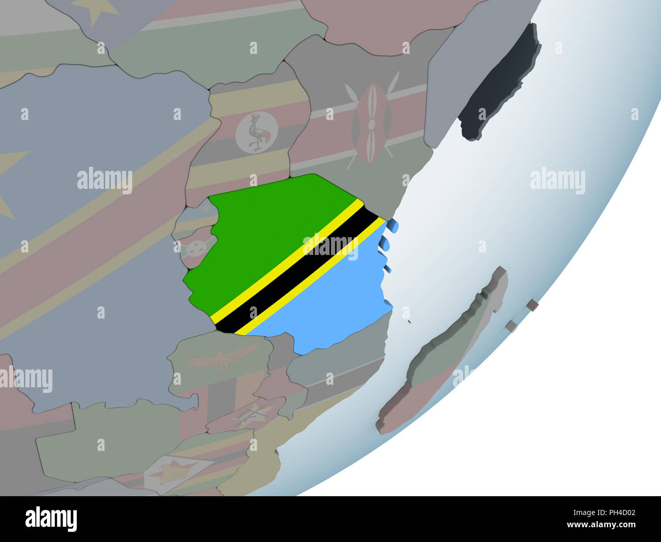 Tanzania on political globe with embedded flag. 3D illustration Stock ...