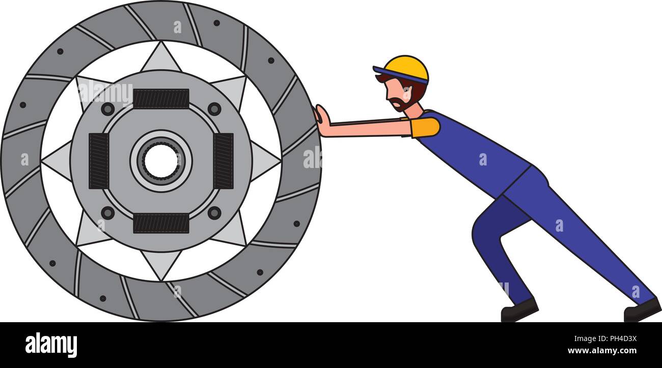 mechanic pushing clutch plate auto part design image Stock Vector Image