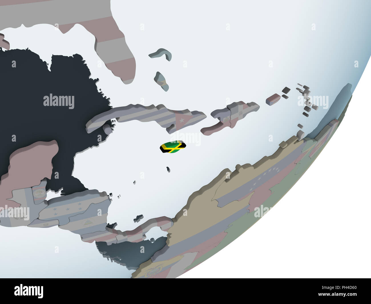 Jamaica on political globe with embedded flag. 3D illustration Stock ...