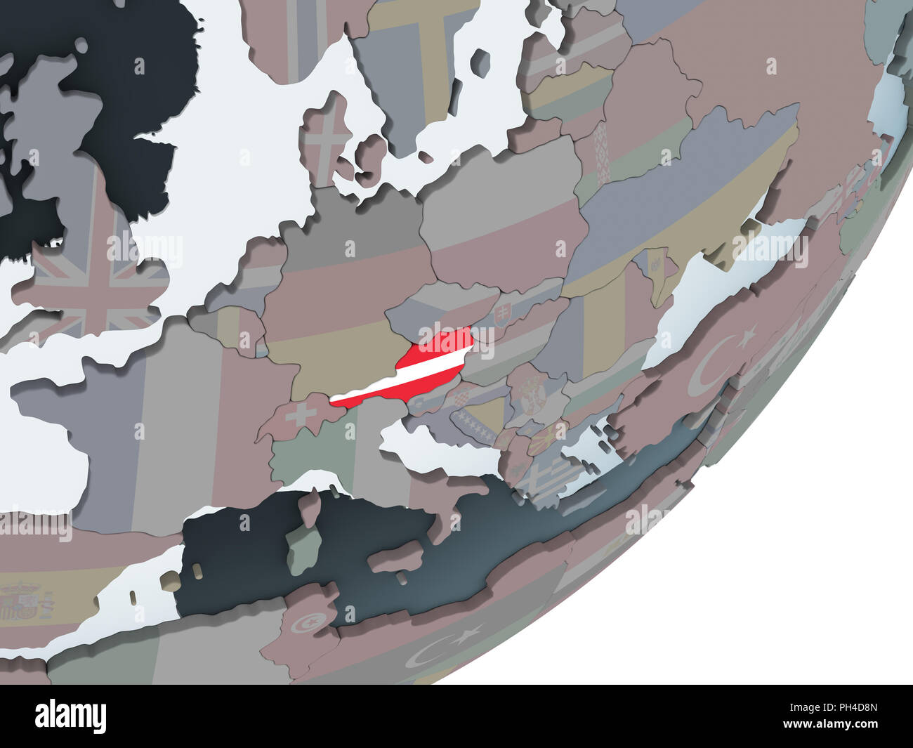 Austria on political globe with embedded flag. 3D illustration Stock ...