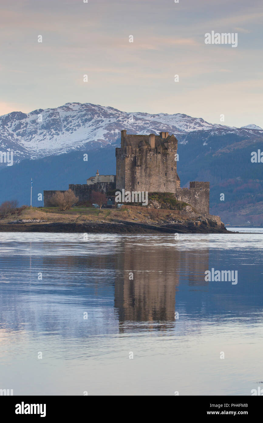 Eilean Donan Castle. The castle is built in a small island where three lochs converge - Loch Alsh, Loch Long, and Loch Duich. Highlands, Scotland Stock Photo
