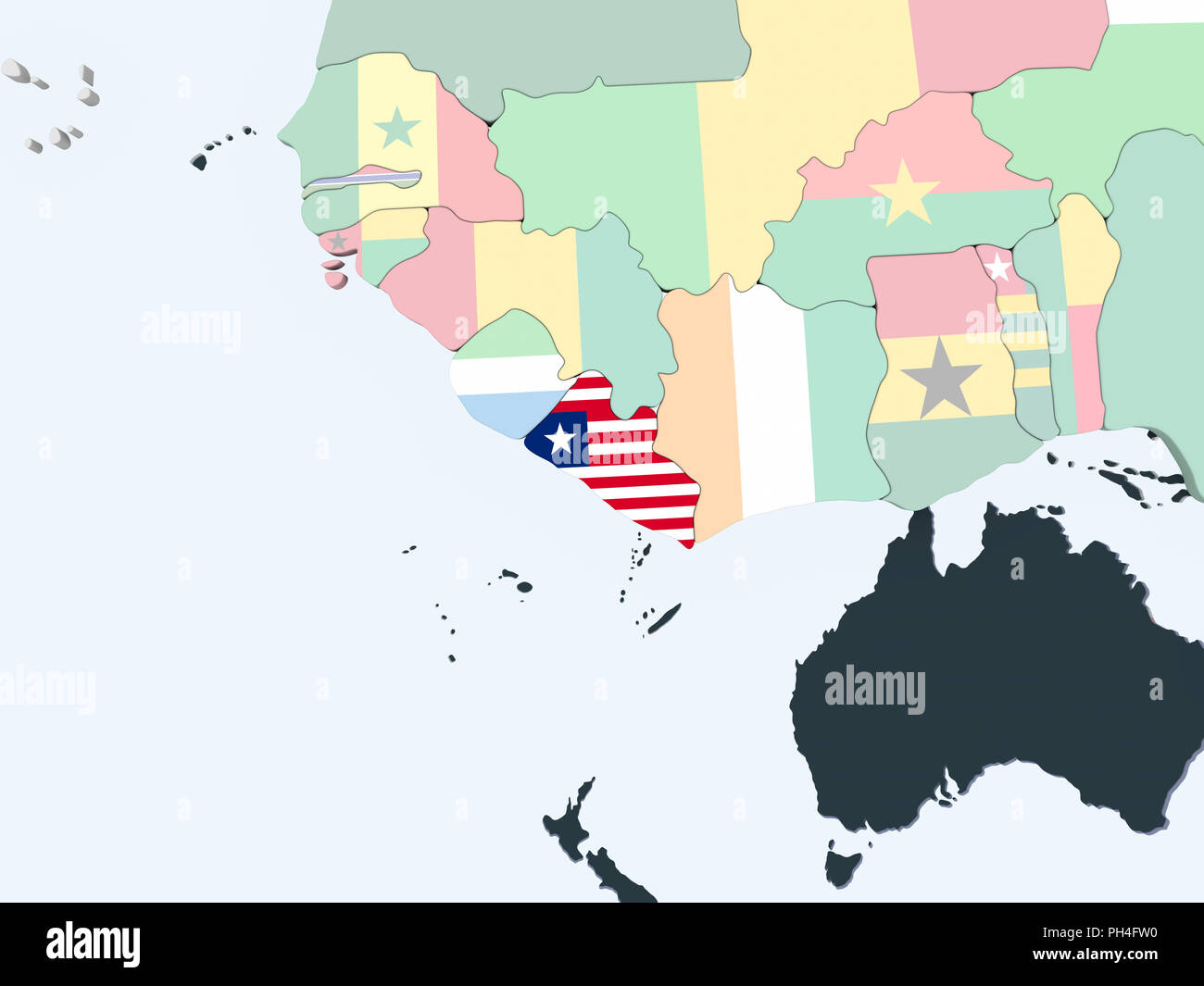 Liberia on bright political globe with embedded flag. 3D illustration ...