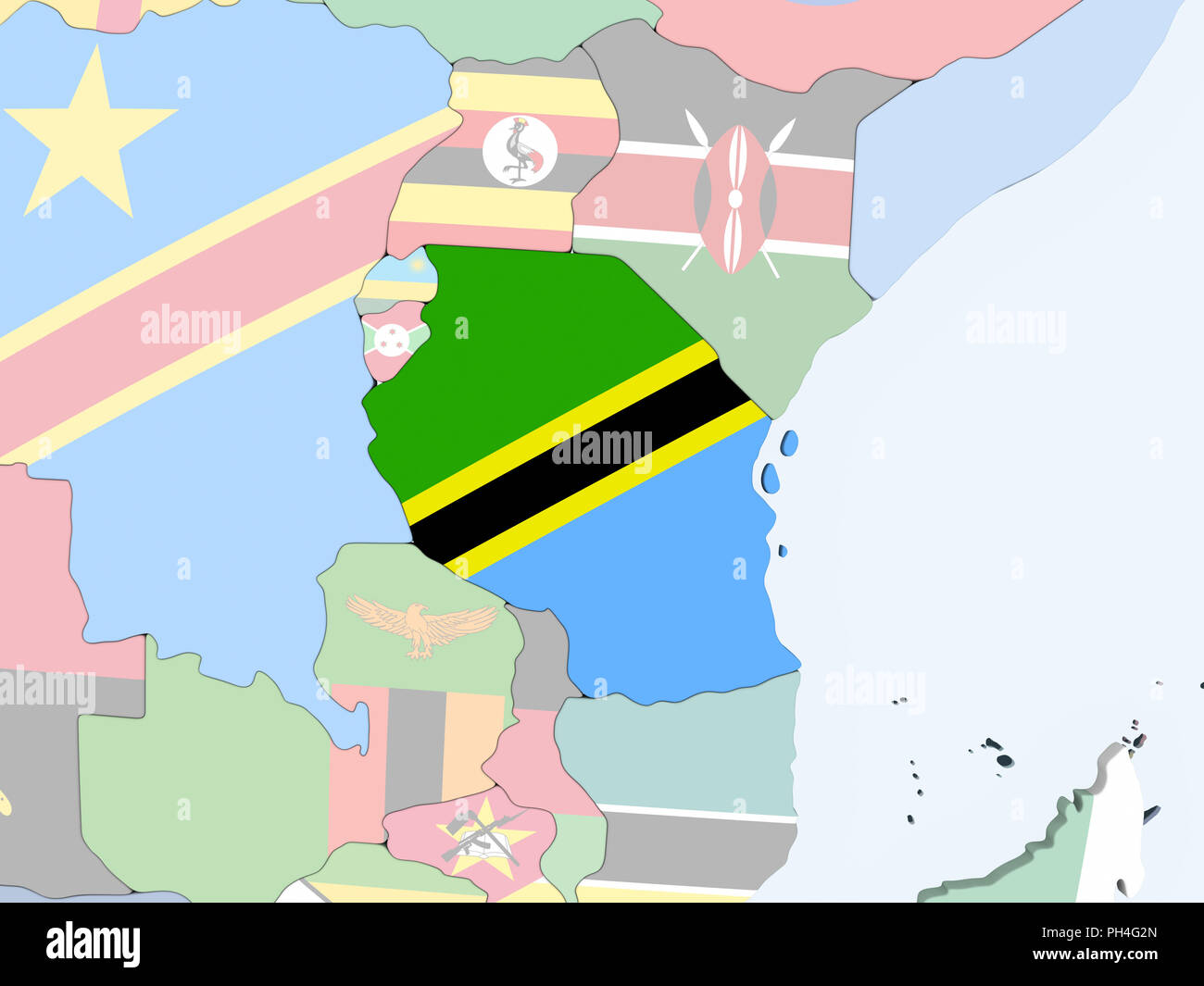 Tanzania on bright political globe with embedded flag. 3D illustration ...
