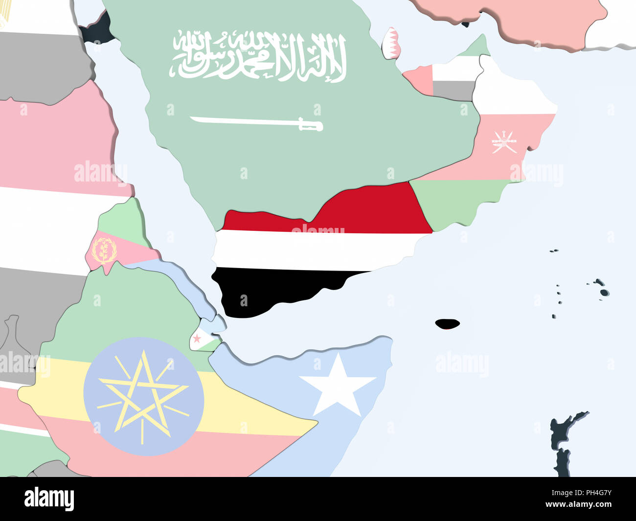 Yemen on bright political globe with embedded flag. 3D illustration ...
