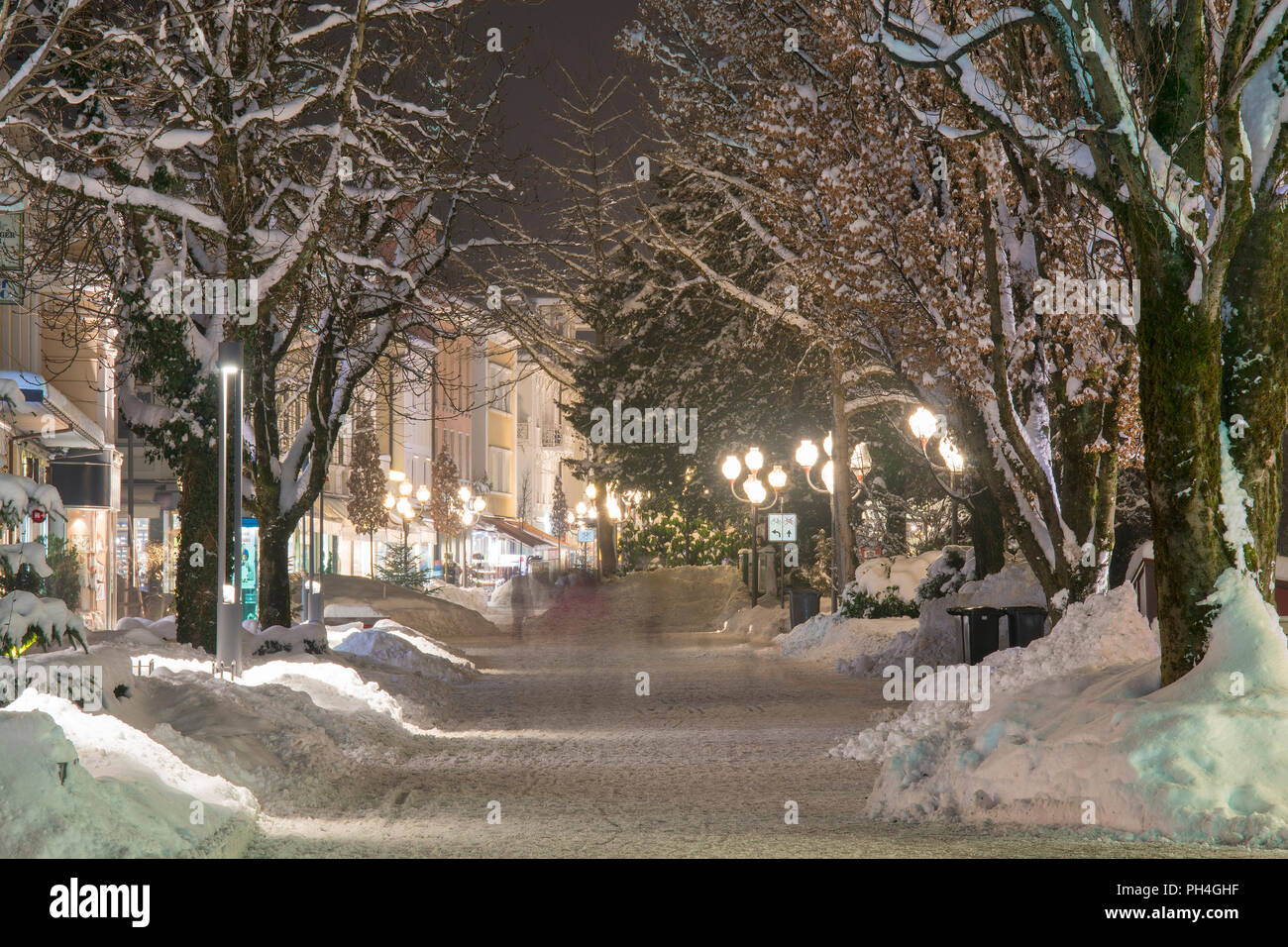 The pedestrian area of Bad Reichenhall in winter at night. Bavaria, Germany Stock Photo