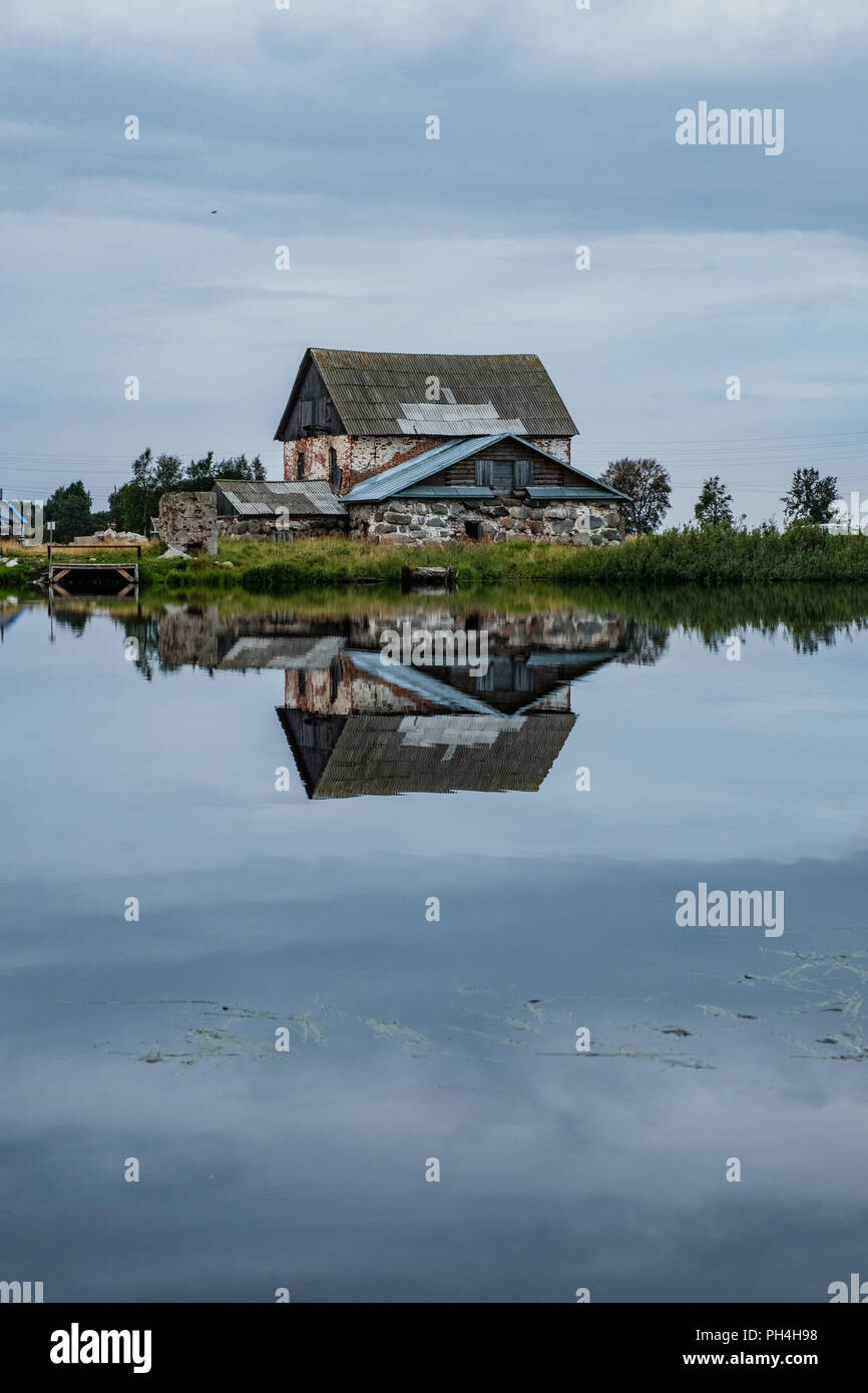 Jetty on the shore of the lake on the Solovetsky Islands. Stock Photo