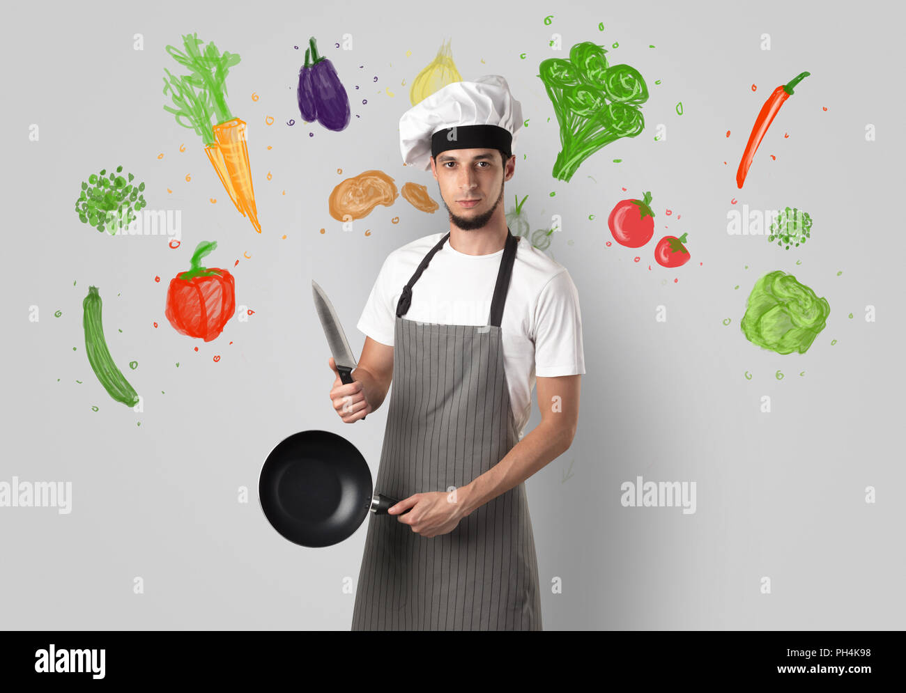 Bearded cook with colourful drawn vegetables on a white wallpaper Stock ...